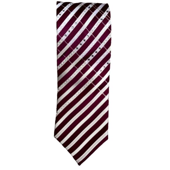 Louis Quatorze Men's Embossed w/ Sparkle Wine Color Striped Silk Necktie - Picture 5 of 7
